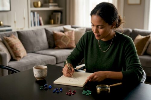 Woman sketching custom jewelry designs at home