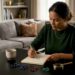 Woman sketching custom jewelry designs at home