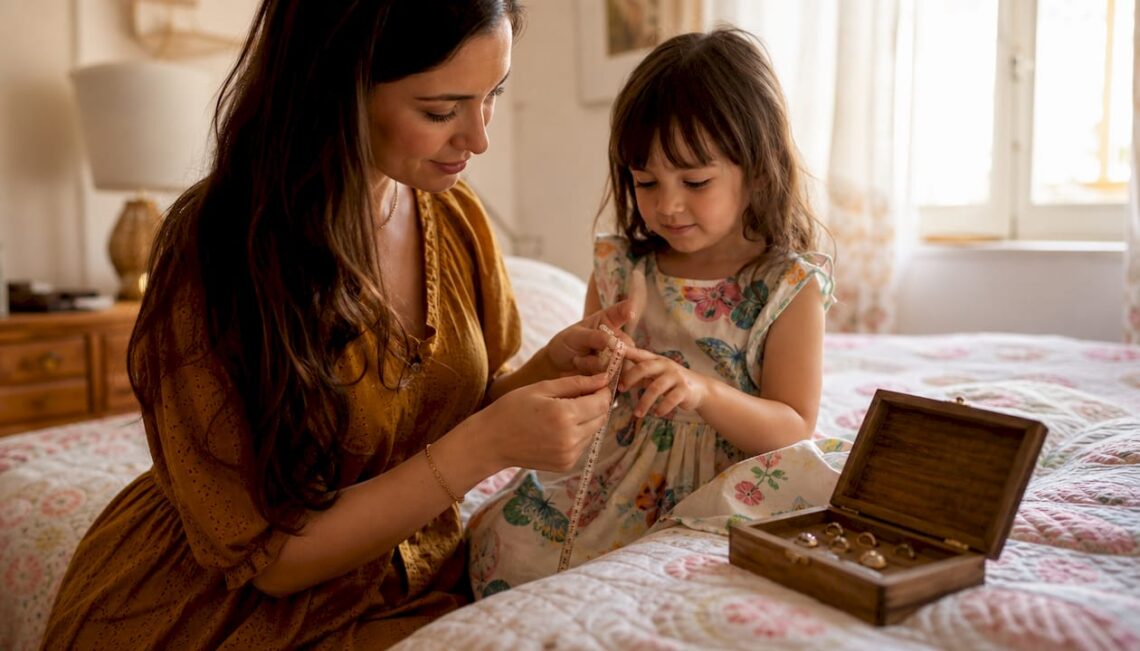 Mother measuring child's finger for adjustable ring