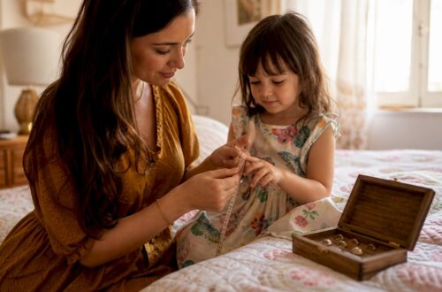 Mother measuring child's finger for adjustable ring