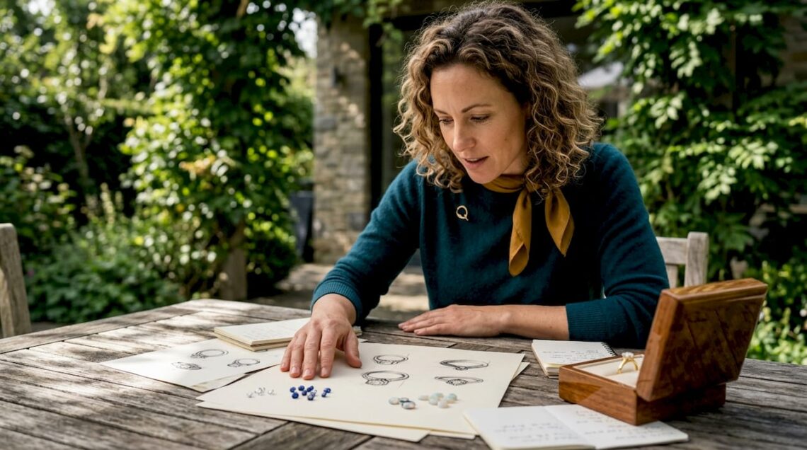 Woman reviewing custom jewelry sketches at home