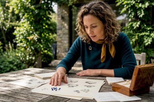 Woman reviewing custom jewelry sketches at home
