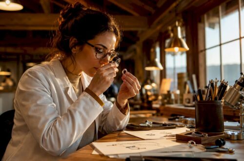 Gemologist inspecting diamond ring closely