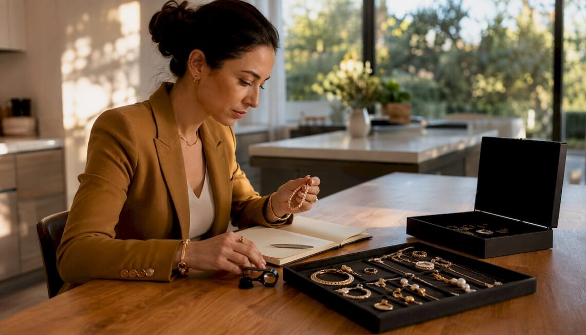 Investor inspecting luxury jewelry at home office
