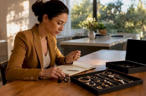 Investor inspecting luxury jewelry at home office