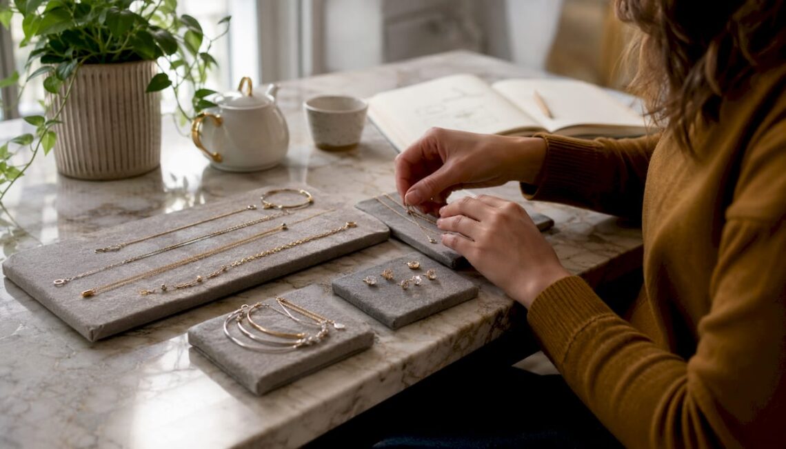 Hands arranging affordable luxury jewelry on table