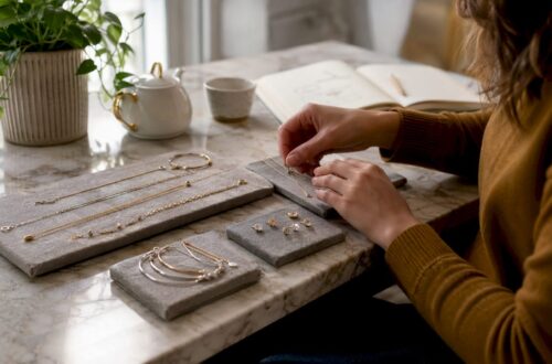 Hands arranging affordable luxury jewelry on table