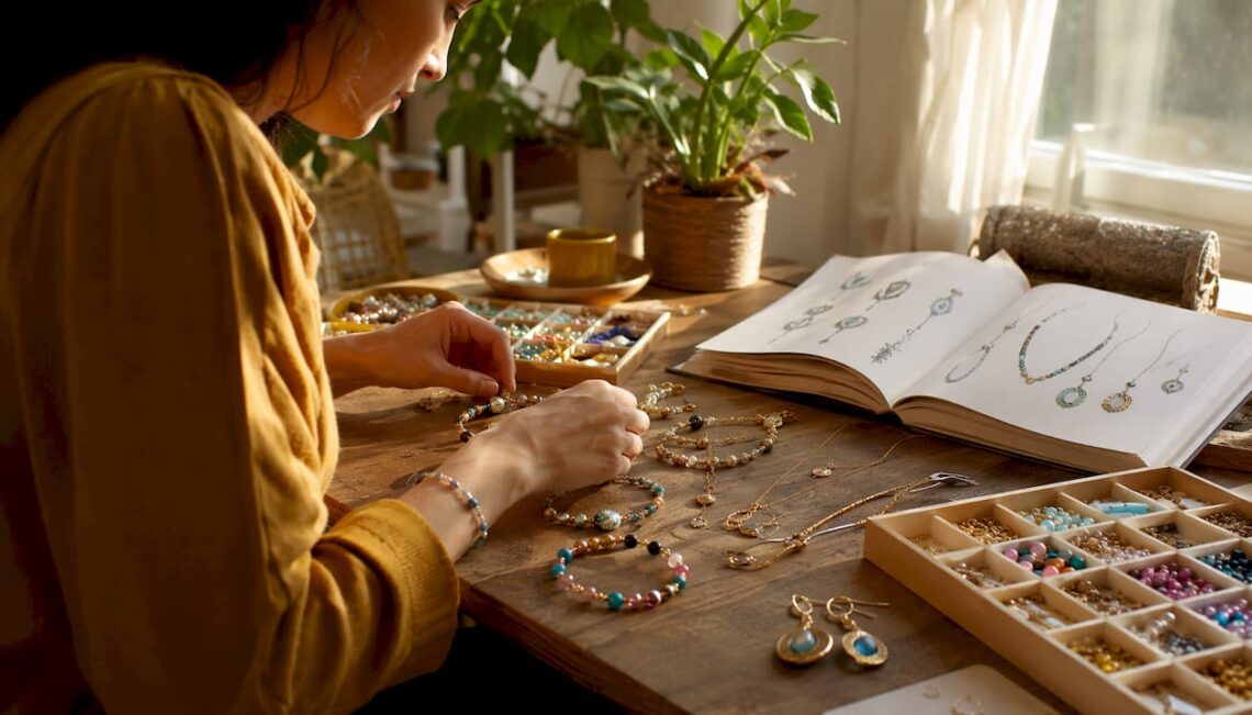 Close-up of age-appropriate jewelry on designer’s table
