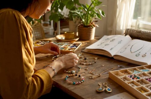 Close-up of age-appropriate jewelry on designer’s table