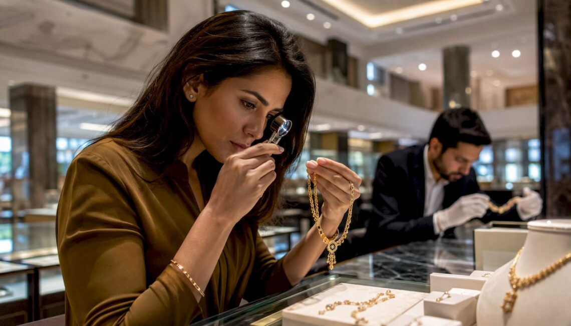 Customer inspecting jewelry with jeweler's loupe