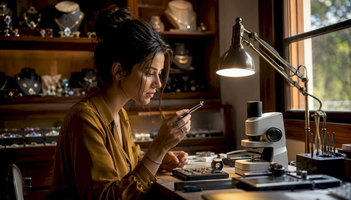 Gemologist inspecting synthetic diamond in lab
