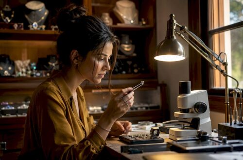 Gemologist inspecting synthetic diamond in lab