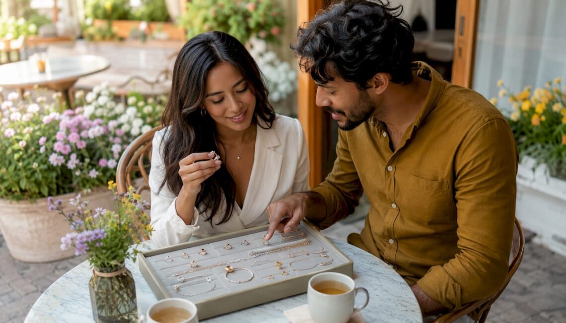 Couple browsing personalized jewelry options at home