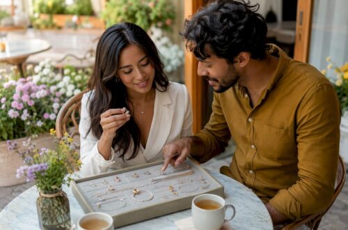 Couple browsing personalized jewelry options at home