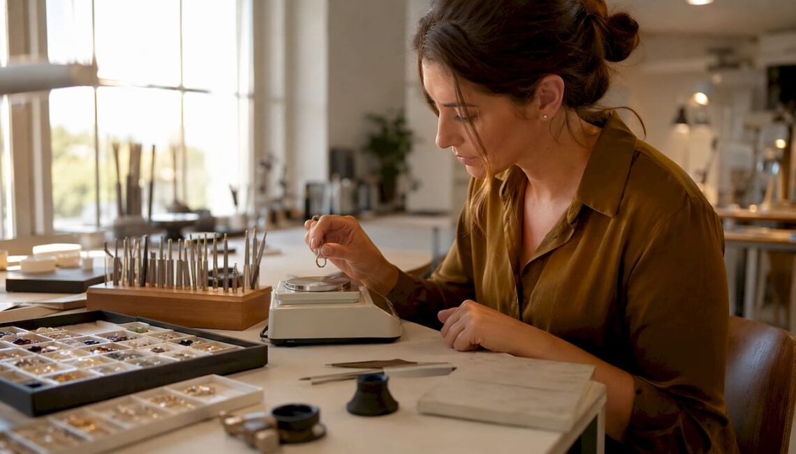 Jeweler weighing handcrafted gold ring on scale