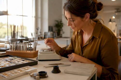 Jeweler weighing handcrafted gold ring on scale
