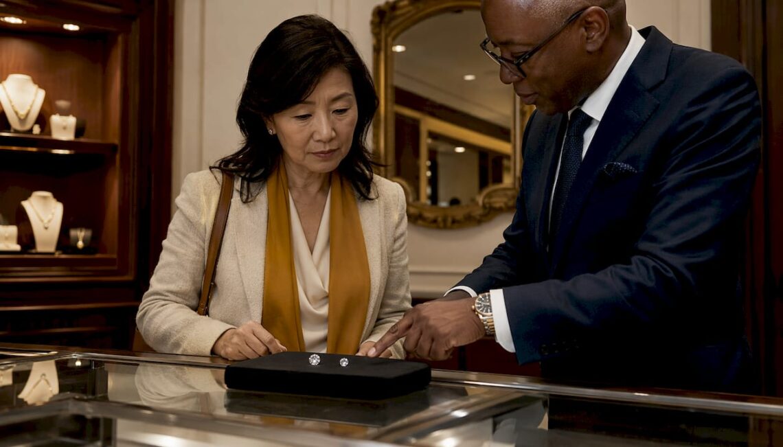 Woman comparing round and oval diamonds at jeweler