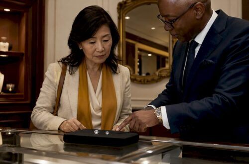 Woman comparing round and oval diamonds at jeweler