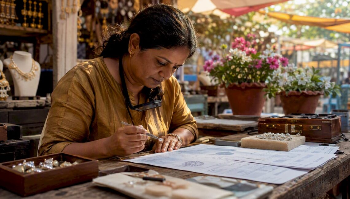 Jeweler verifying diamond with certification report