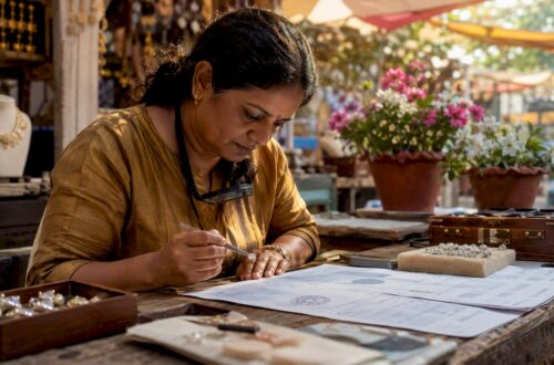 Jeweler verifying diamond with certification report