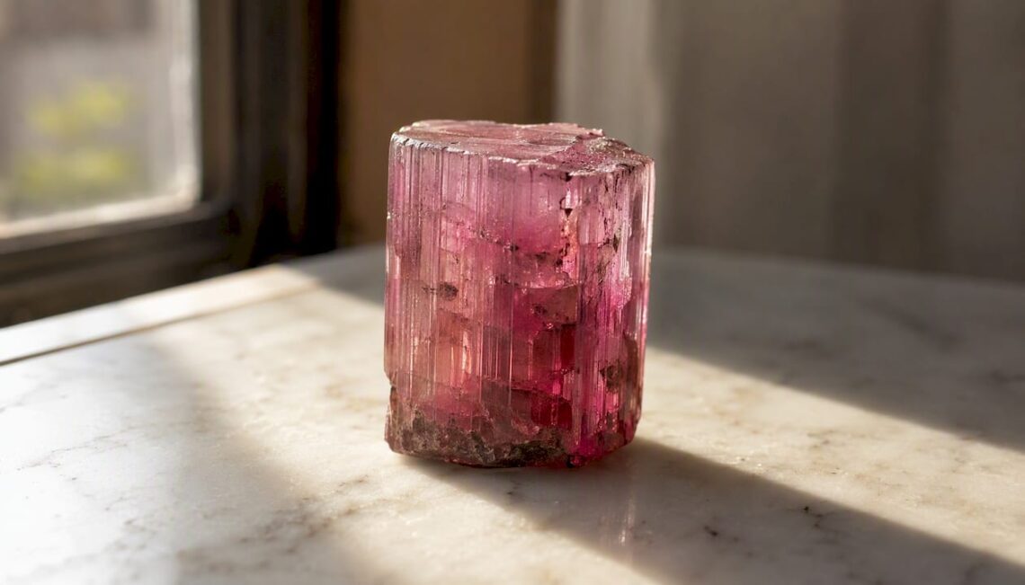 Close-up of pink tourmaline crystal with striations
