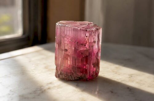 Close-up of pink tourmaline crystal with striations