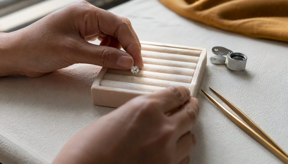 Hands placing lab-grown diamond on tray