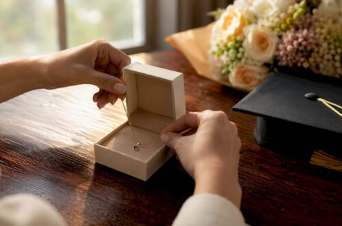 Hands placing birthstone necklace in jewelry box