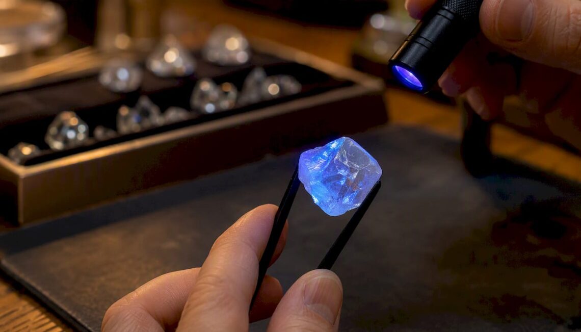 Diamond glowing blue under ultraviolet light