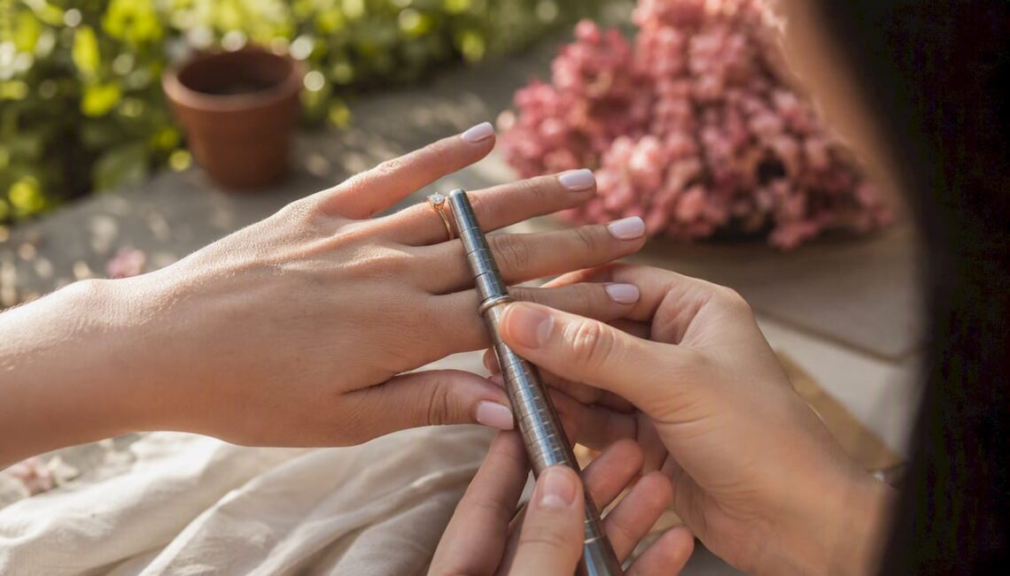 Close-up woman’s hand measured for ring size