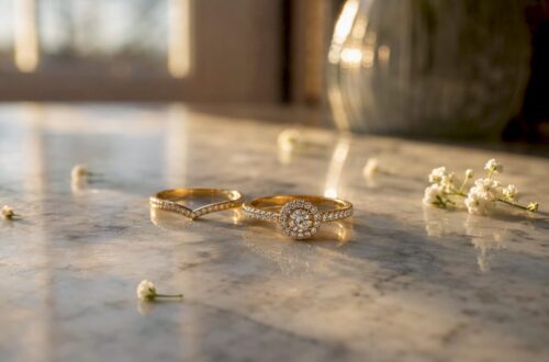 Close-up of promise ring and engagement ring side-by-side