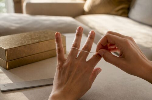 Hands measuring finger size with string at home
