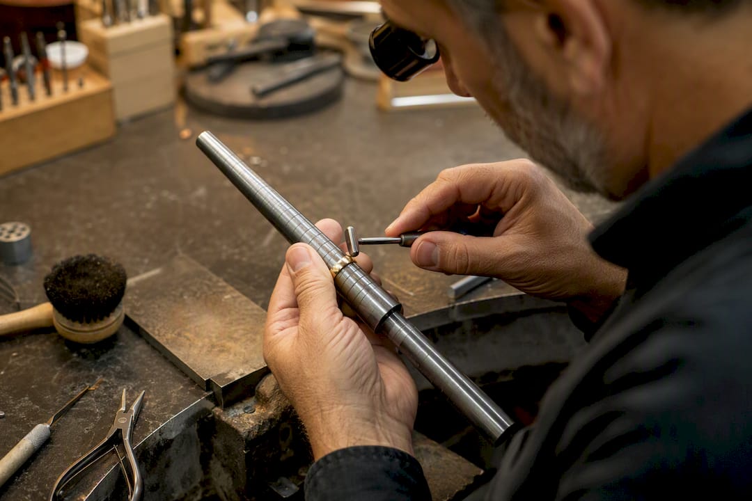 Jeweler resizing gold ring on mandrel