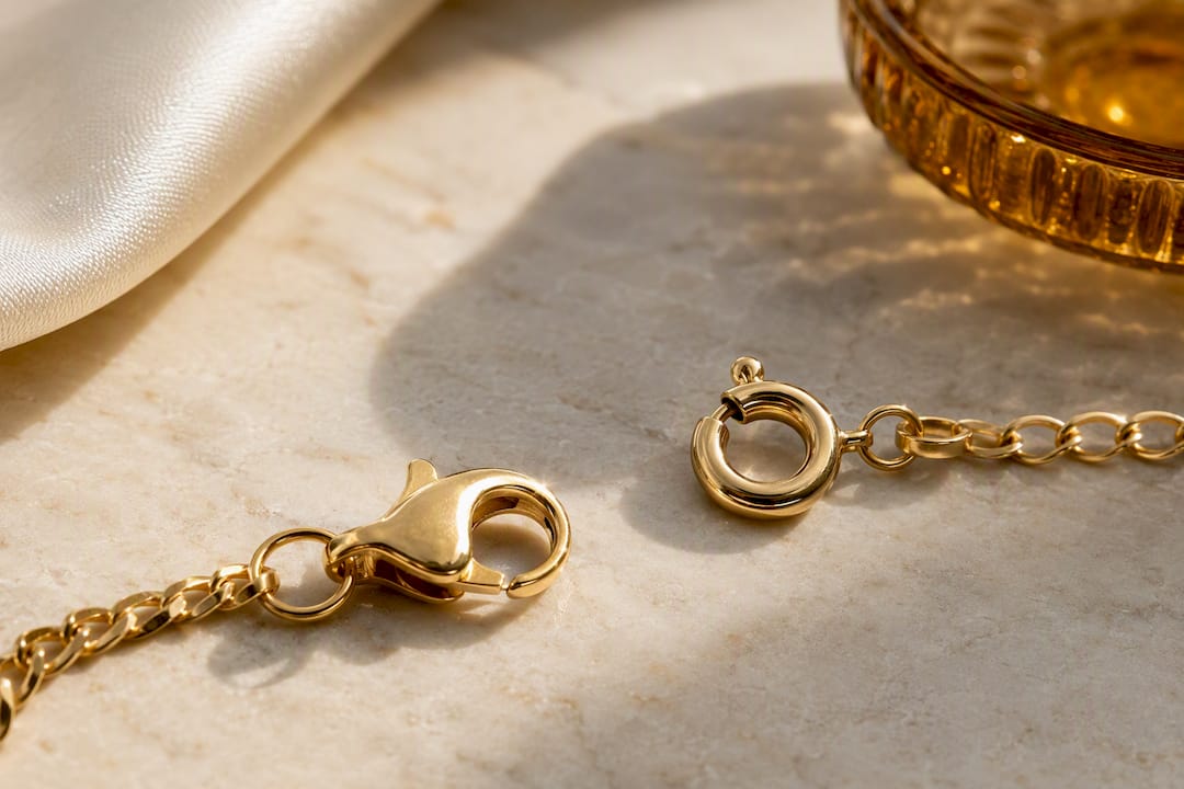 Close-up of lobster and spring ring clasp mechanisms