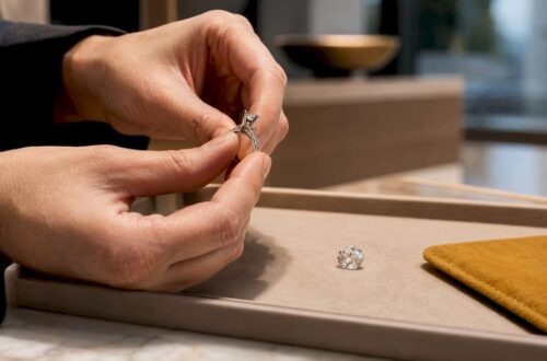 Buyer examining cropped engagement ring setting
