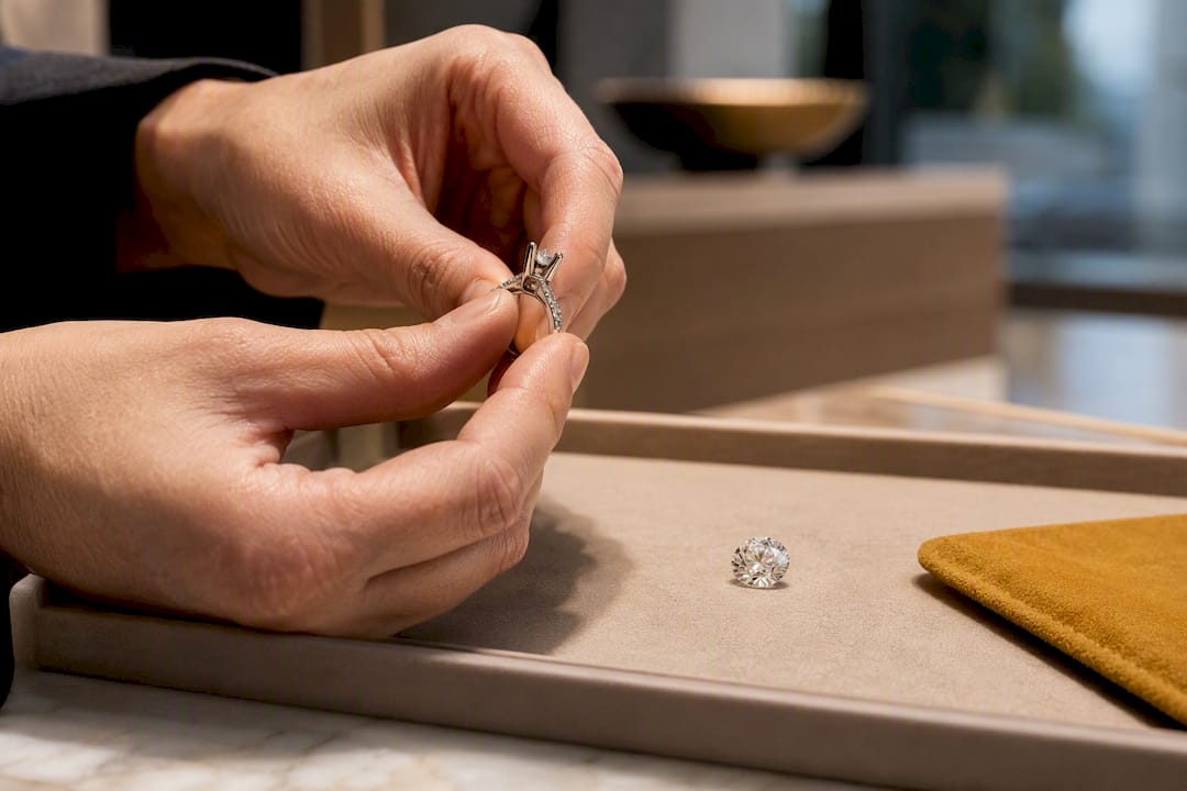 Buyer examining cropped engagement ring setting