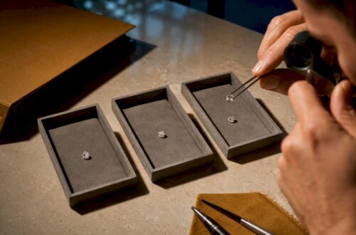 Loose diamonds being inspected for ethical sourcing