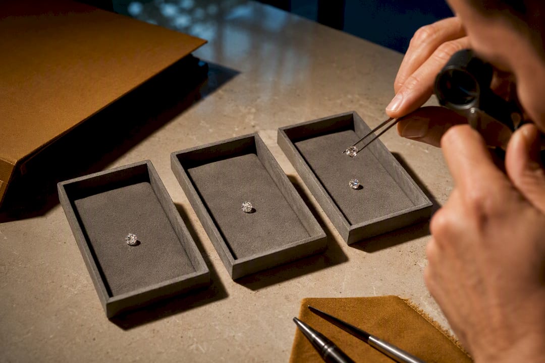 Loose diamonds being inspected for ethical sourcing