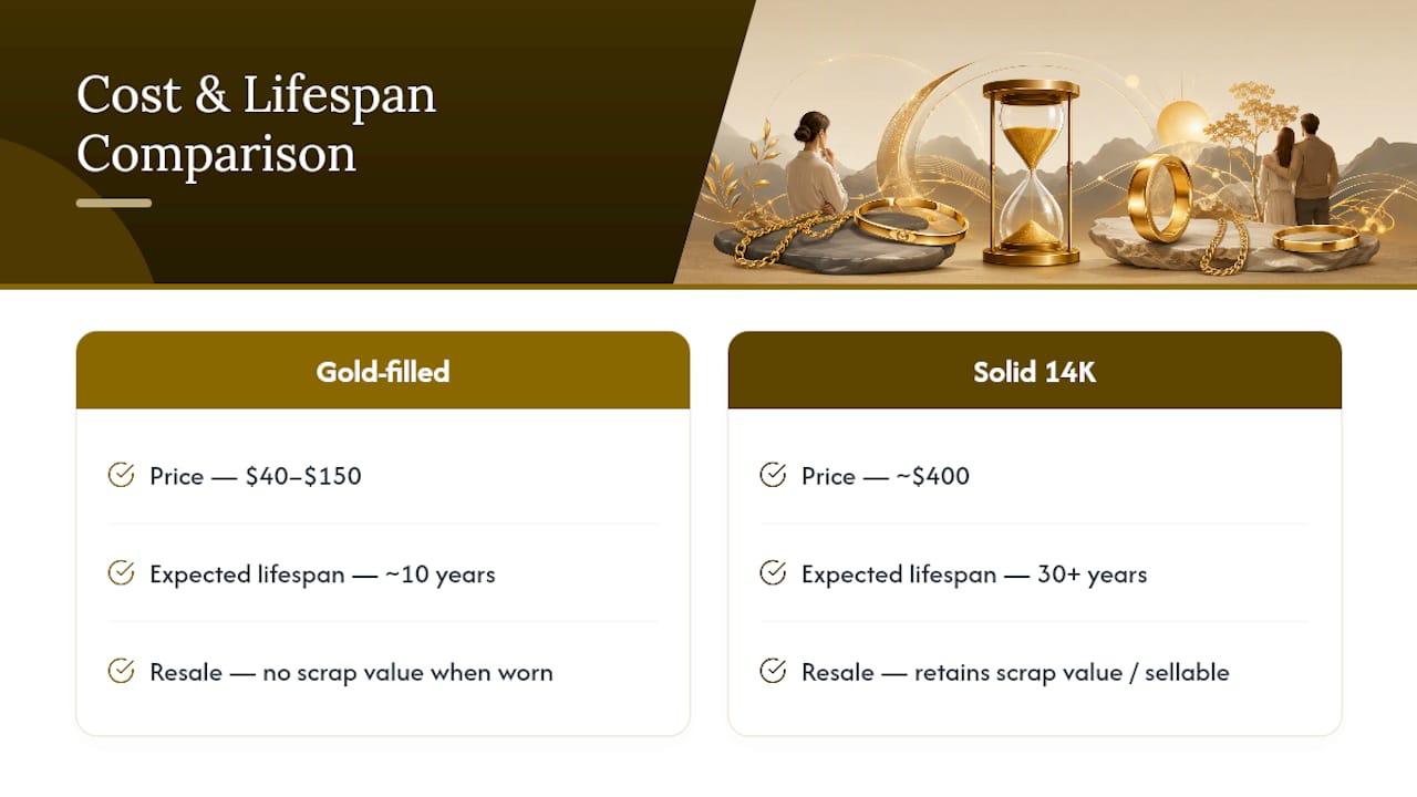 Cost per wear comparison for gold materials