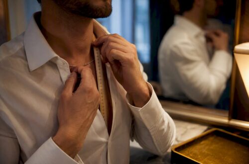 Man checking chain placement at collar