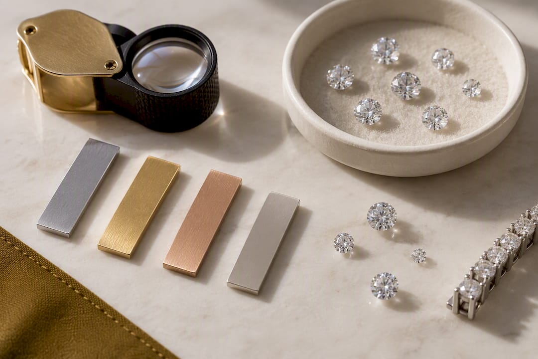Metal samples and loose stones for bracelet comparison