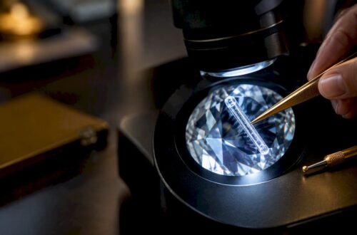 Laser-drilled diamond examined under microscope