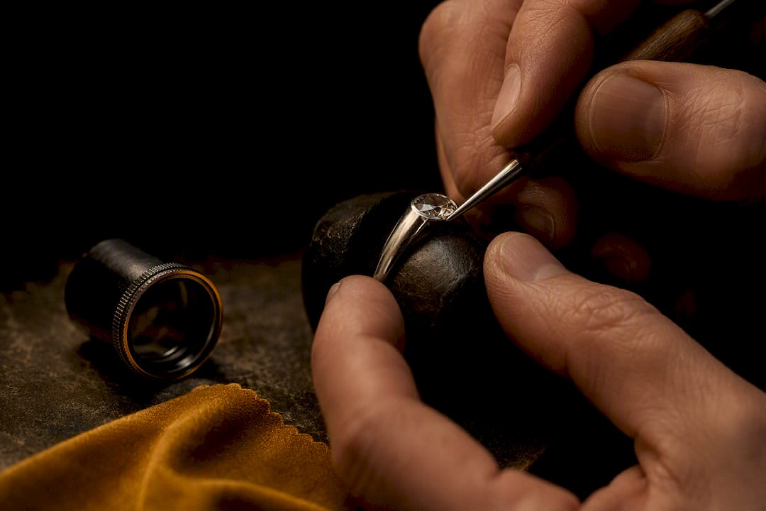 Jeweler burnishing a flush-set gemstone