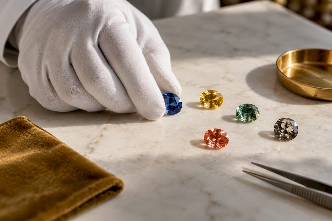 Colored sapphires beside salt pepper diamond