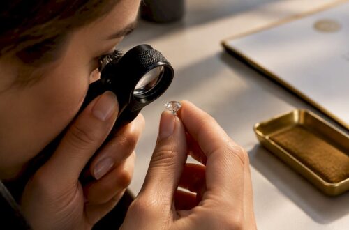 Loupe inspecting a diamond girdle inscription