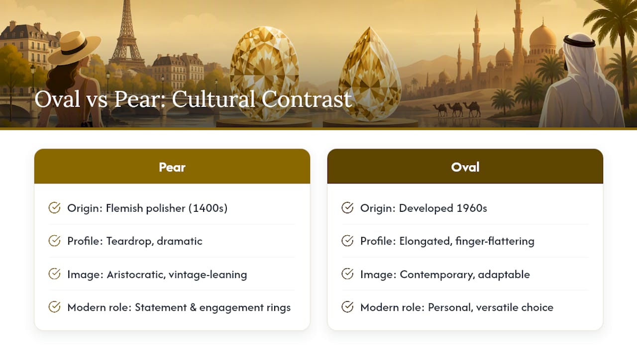 Historical and cultural significance of oval and pear diamond shapes — overview diagram