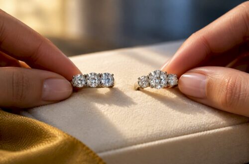Hands comparing cropped three-stone ring settings
