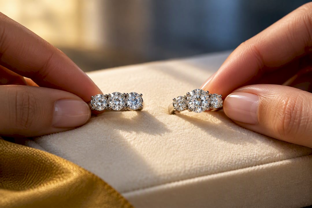 Hands comparing cropped three-stone ring settings