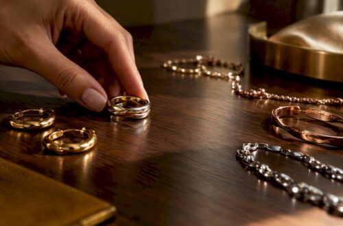 Hand arranging mixed metal jewelry pieces