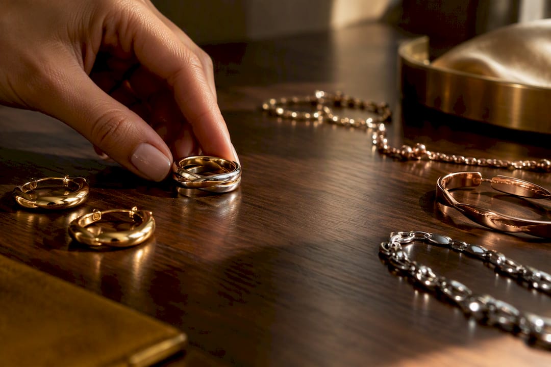 Hand arranging mixed metal jewelry pieces